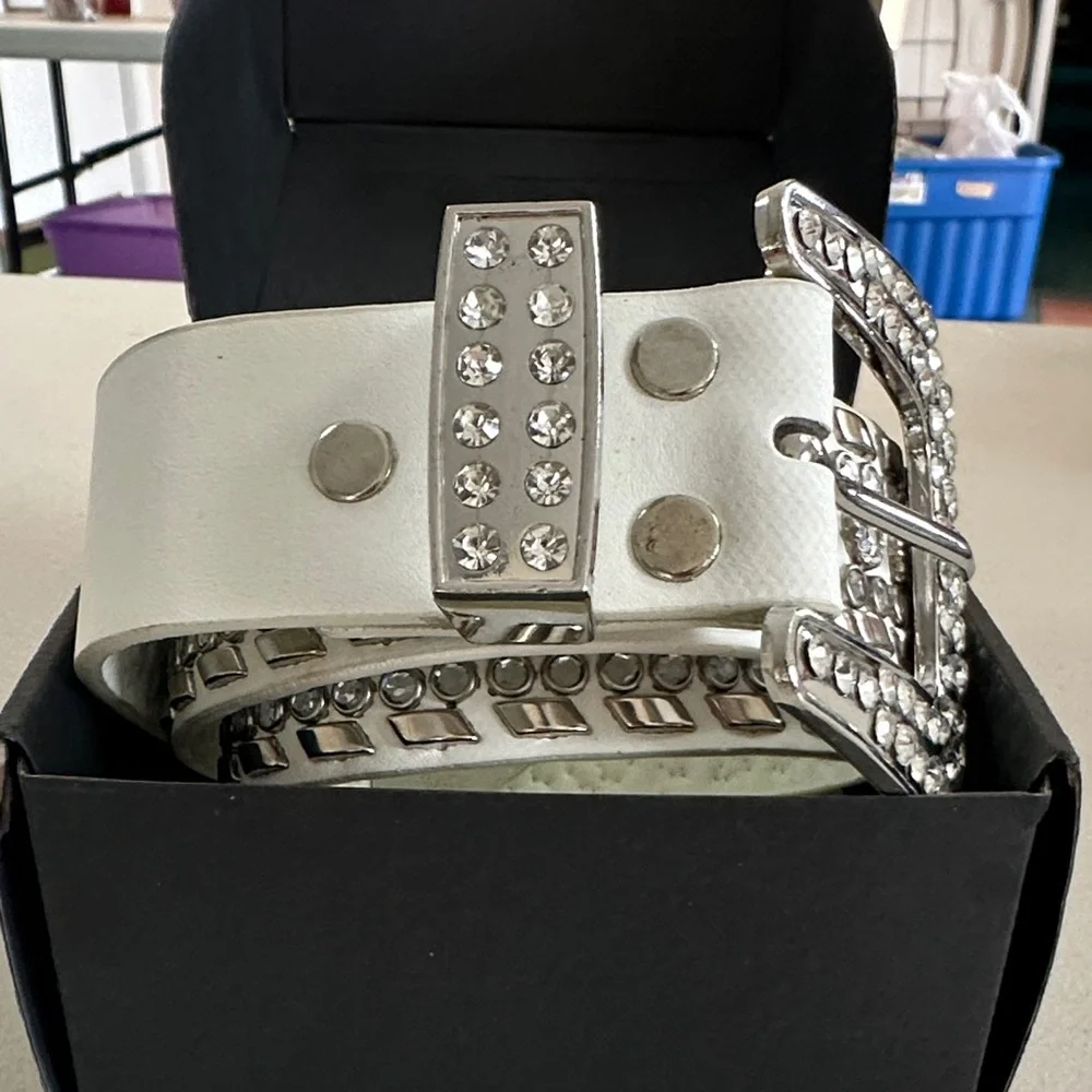 Kids western bling Leather White Studded Belt  33in with buckle